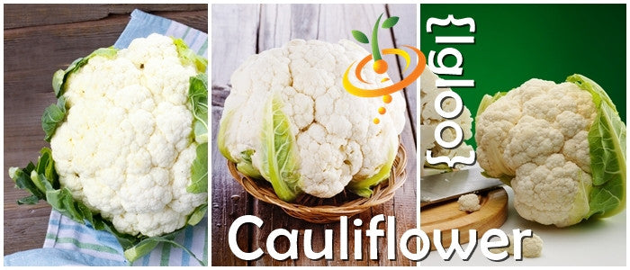 Igloo seeds cauliflower with large white heads and green leaves on wooden and green backgrounds